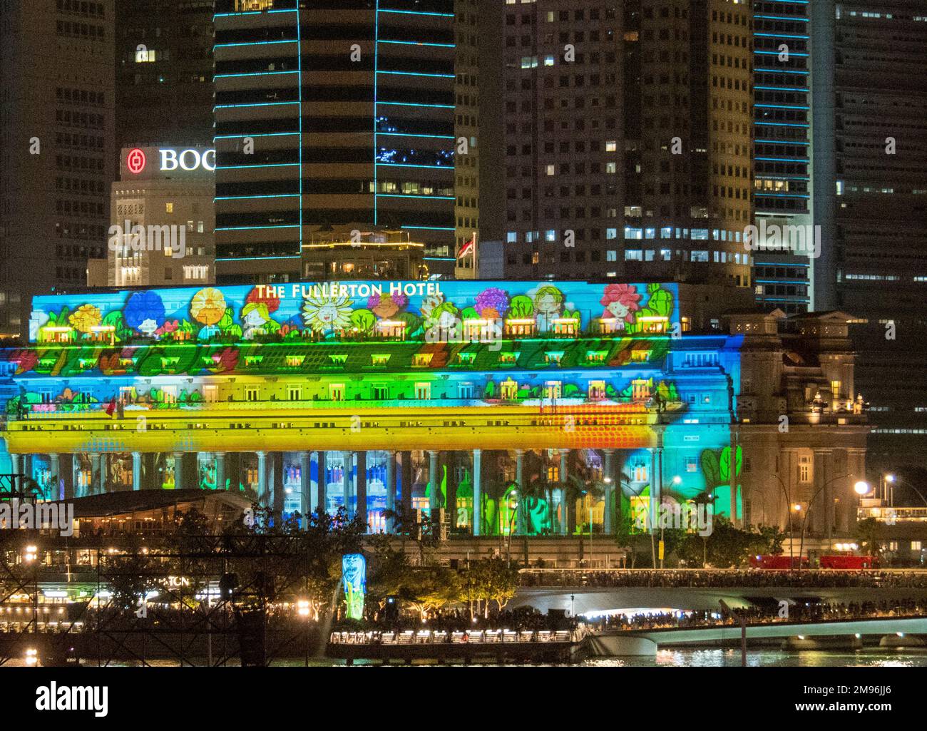 New Years Eve light show projected onto the Fullerton Hotel Marina Bay
