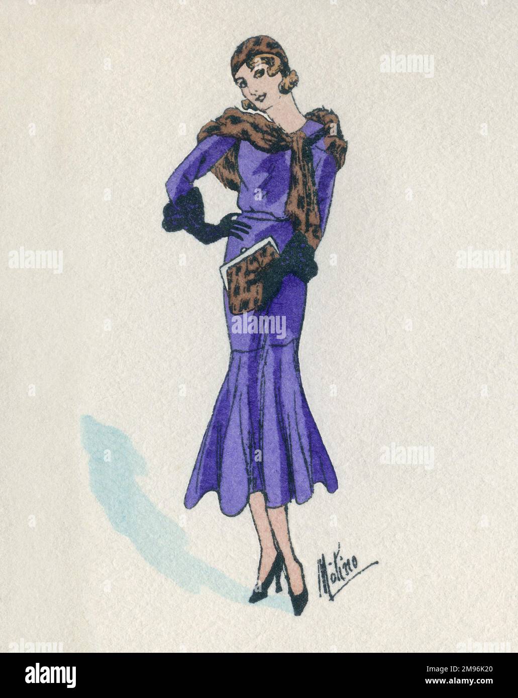 Business card design, depicting an elegant woman in a purple outfit with fur trimming, and matching hat and handbag. Stock Photo