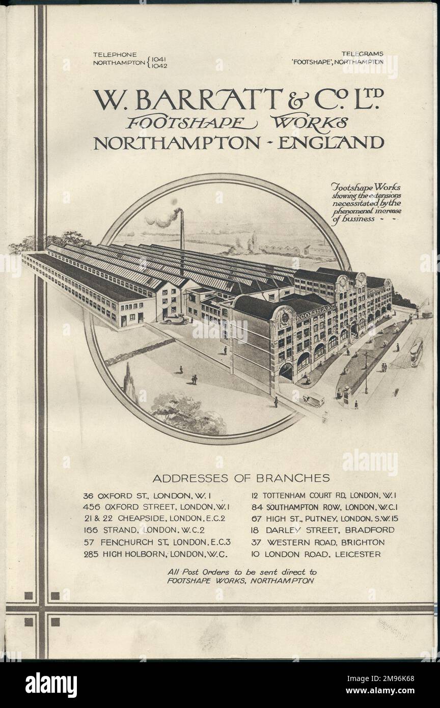 Brochure illustration, W Barratt & Co Ltd, Northampton, showing the Footshape Works where the boots and shoes are made, with addresses of branches below, in London, Bradford, Brighton and Leicester. Stock Photo