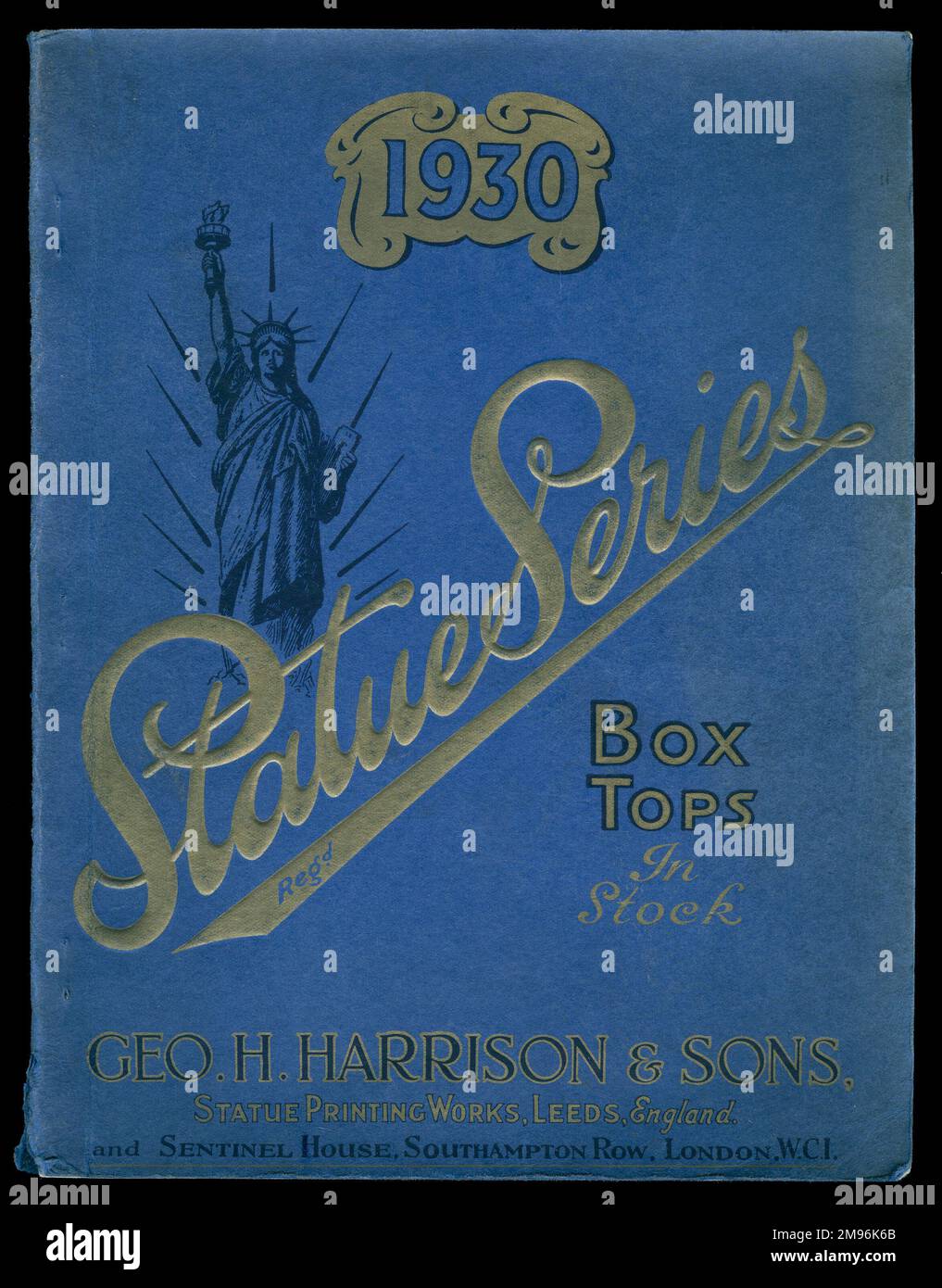 Brochure cover in blue, black and gold, chocolate box designs, Statue Series of box tops, Geo. H. Harrison & Sons, Statue Printing Works, Leeds, and Sentinel House, Southampton Row, London. Stock Photo
