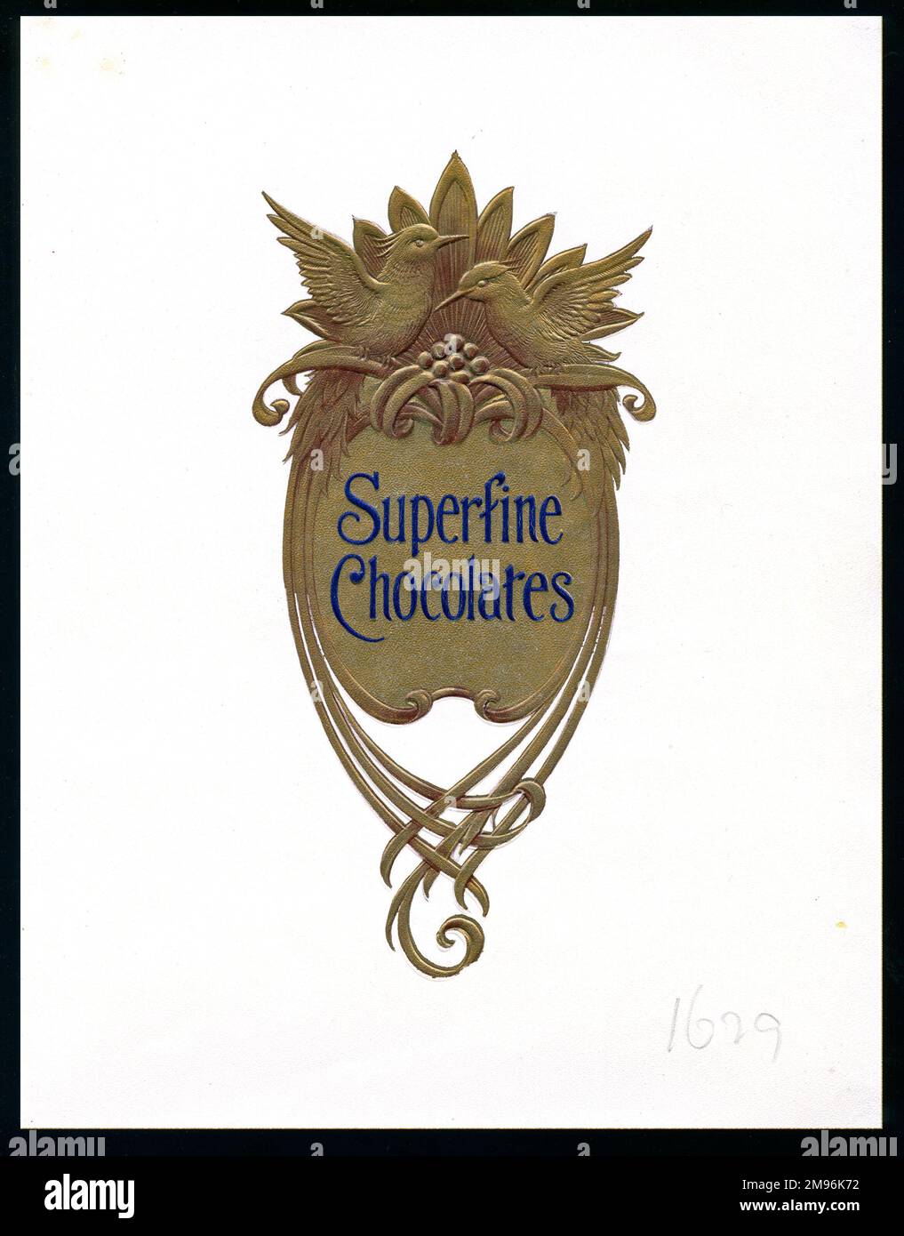 Chocolate box design, an almond shape in gold for Superfine Chocolates, with two birds and their nest above. Stock Photo