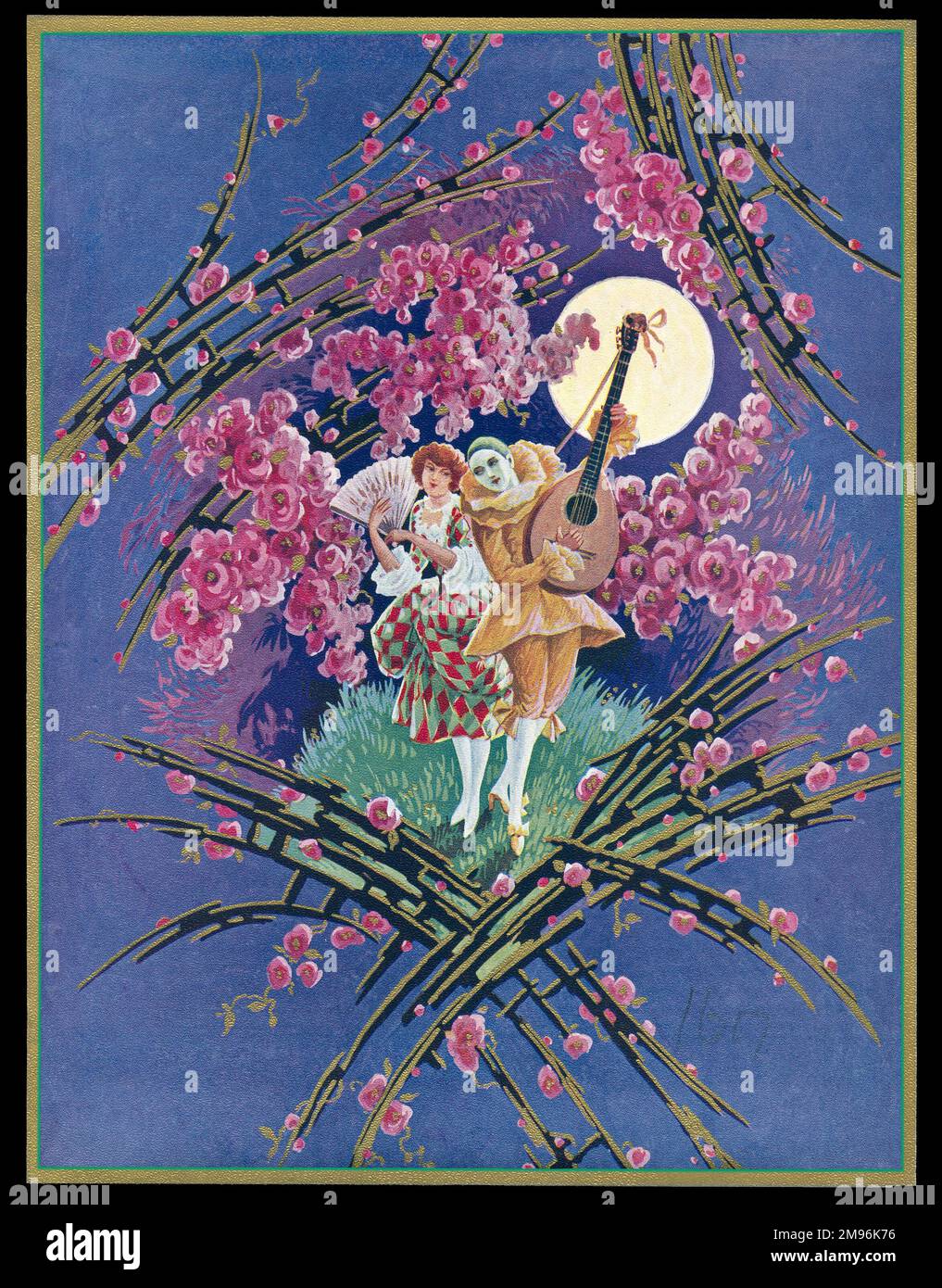Chocolate box design, showing a pierrot serenading a female harlequin by the light of the moon, surrounded by pink flowers. Stock Photo