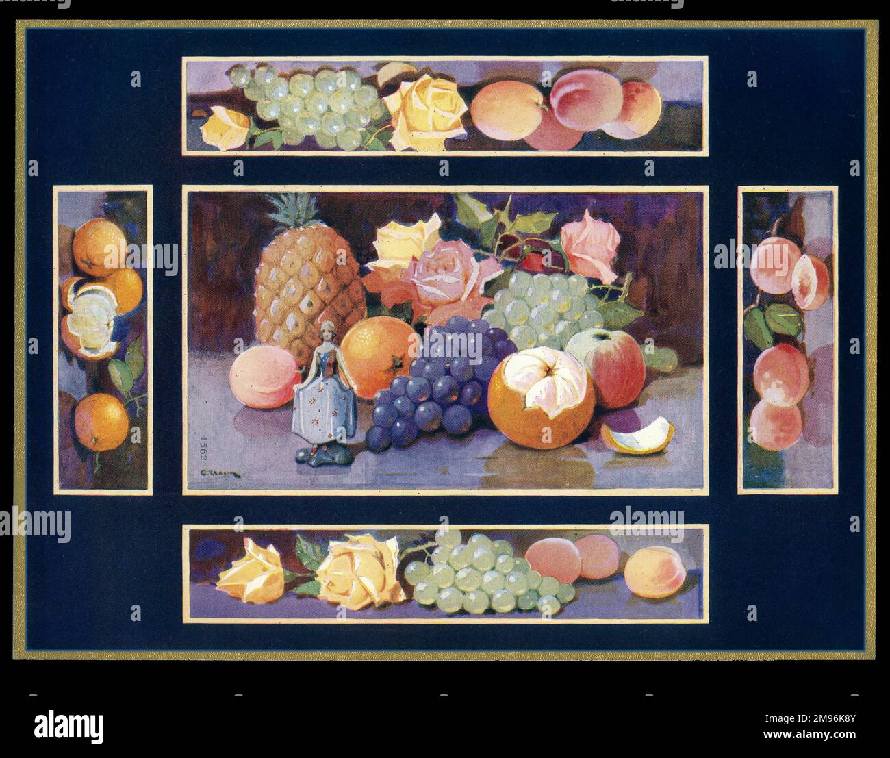 Chocolate box design, featuring various arrangements of fruit and flowers. Stock Photo