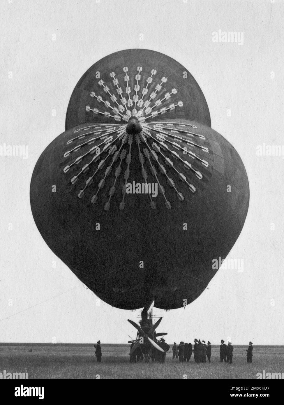 Early British dirigible, seen from the front, on the ground with crew. Stock Photo