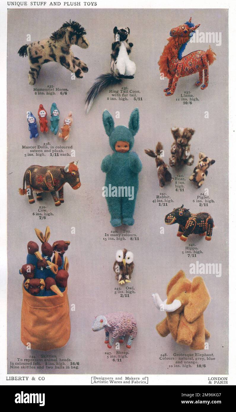 Liberty toys, including a range of stuffed animals such as a llama, a raccoon, a horse, a cow, a hippo, an owl, an elephant and a sheep.  Others appear to be precursors of the Teletubbies ! Stock Photo