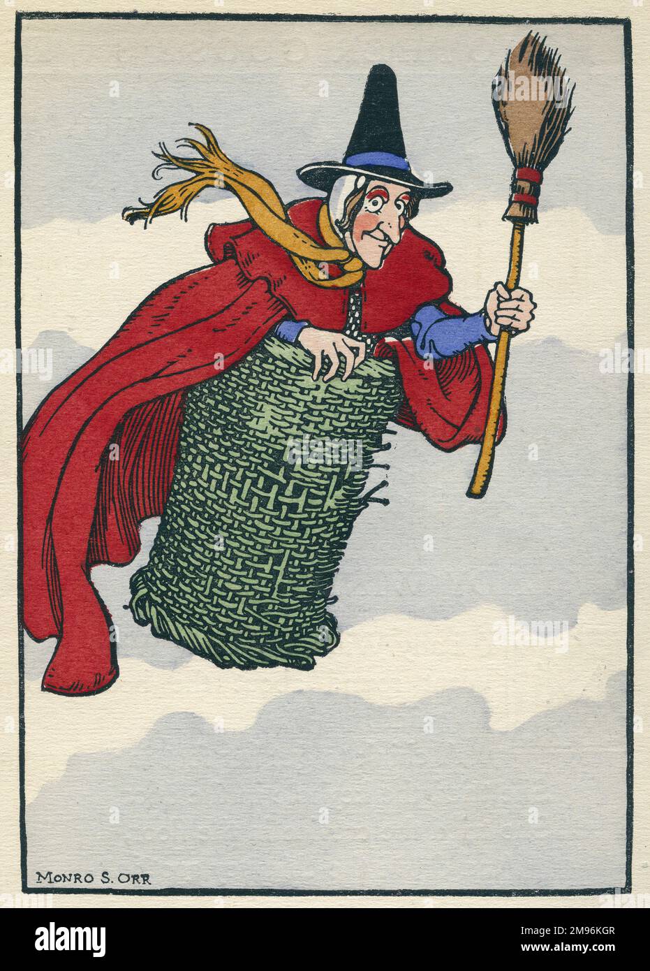 Befana Old Woman Flying On A Broomstick With A Basket Of Gifts For