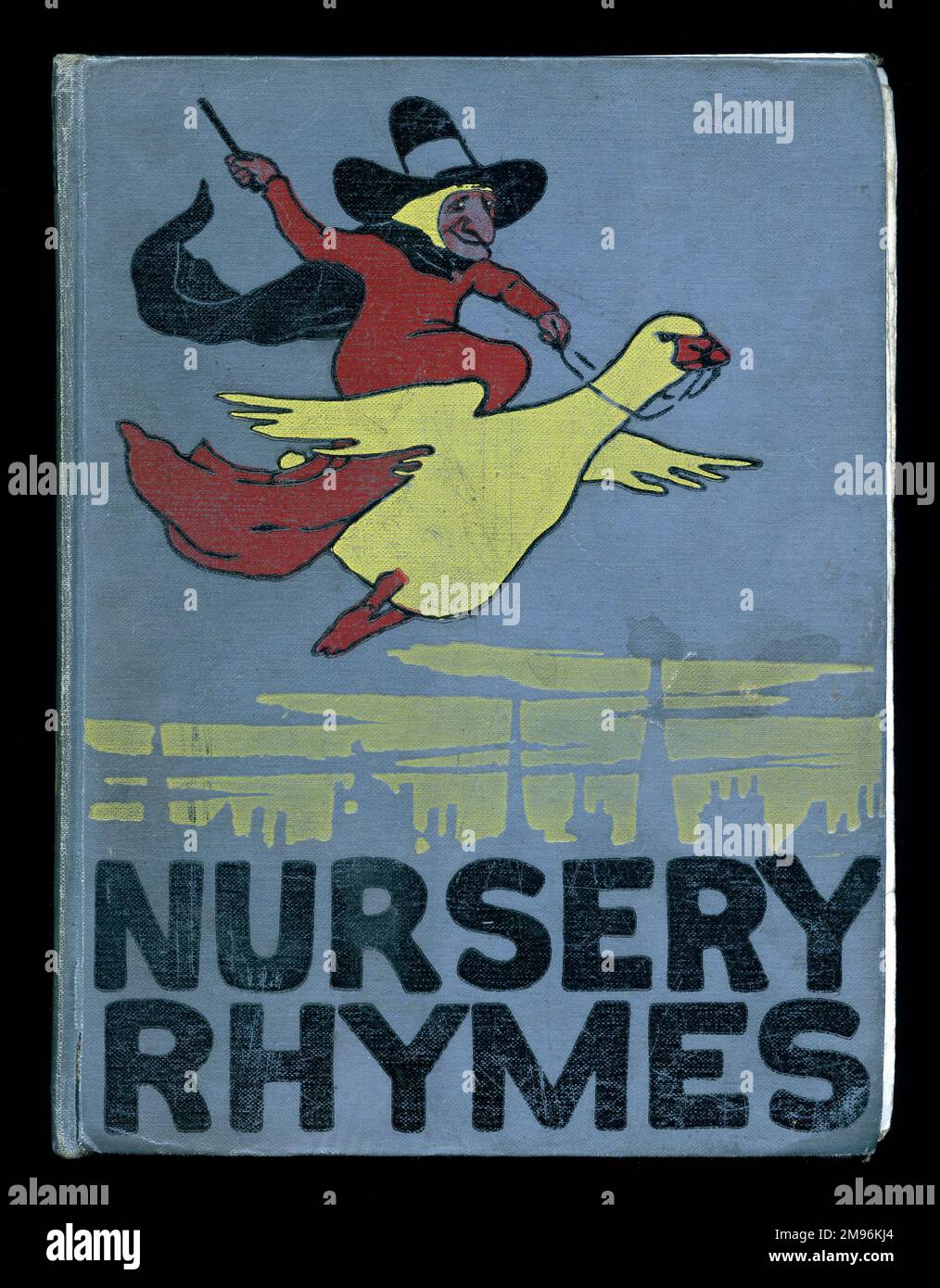 Cover design, Nursery Rhymes, showing Mother Goose flying through the
