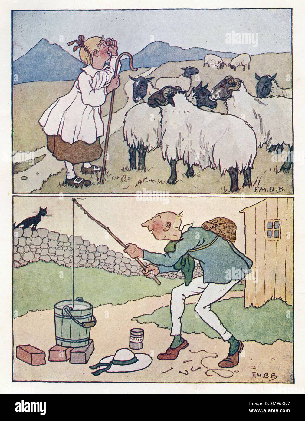 Nursery Rhymes.  Little Bo Peep with her sheep (above).  Simple Simon fishing in a bucket (below). Stock Photo