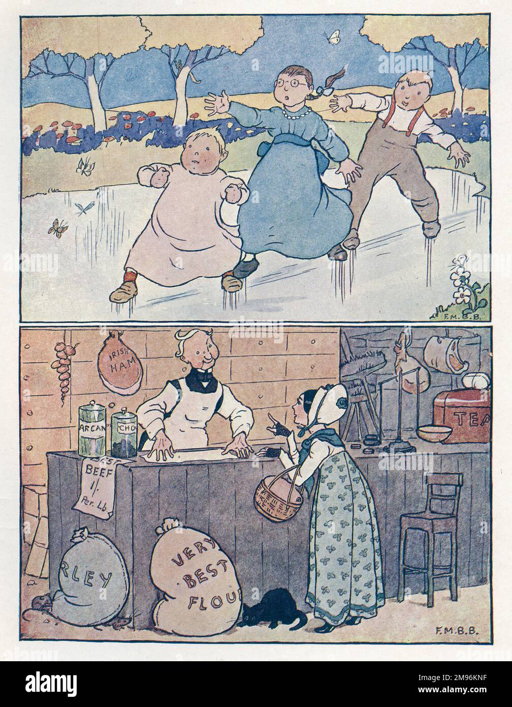 Nursery Rhymes two illustrations. Above three children sliding on
