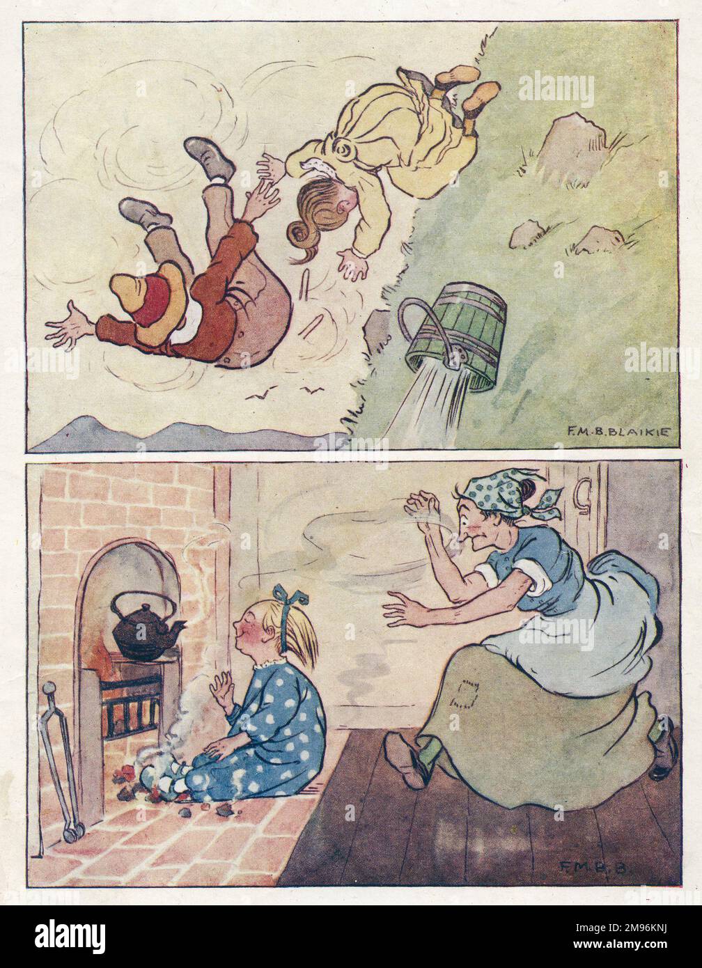 Nursery Rhymes -- two illustrations.  Above -- Jack and Jill falling down the hill.  Below -- Little Polly Flinders sitting among the cinders. Stock Photo