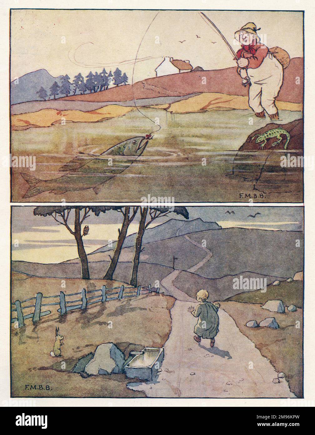 Nursery Rhymes -- two illustrations.  Above -- a man fishing.  Below -- a little boy walking along a road in the dusk. Stock Photo