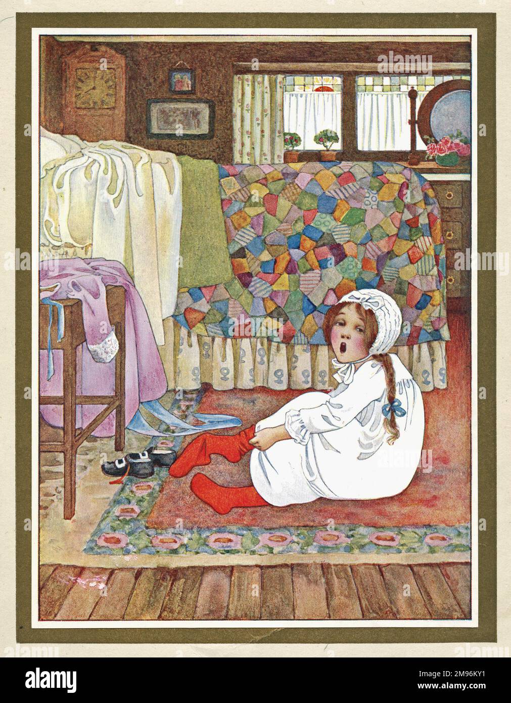 A little girl in her bedroom, yawning and getting dressed for the day ...