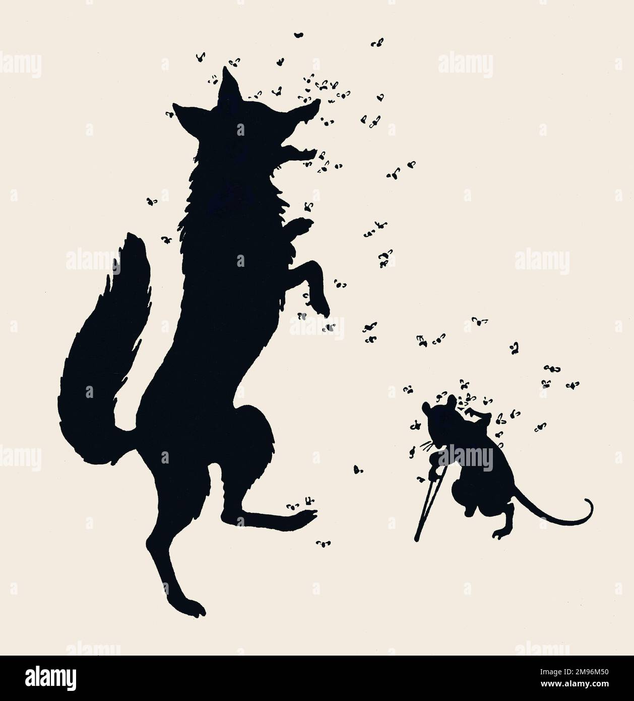 Tickety Tock Silhouette Illustration -- a wolf, and a rat with a crutch, both harassed by a swarm of bees. Stock Photo