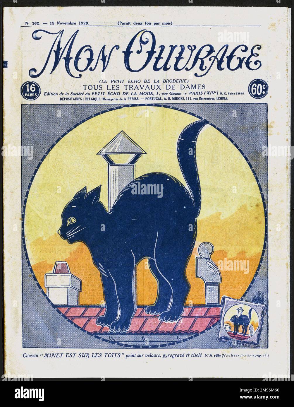 Cover design, Mon Ouvrage, a French embroidery magazine for women.  Depicting a cat on a roof. Stock Photo