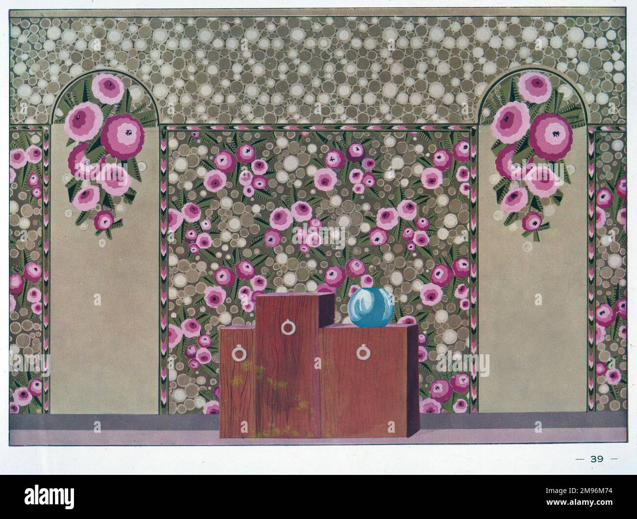 Wallpaper designs shown in a sample interior with a modern sideboard in