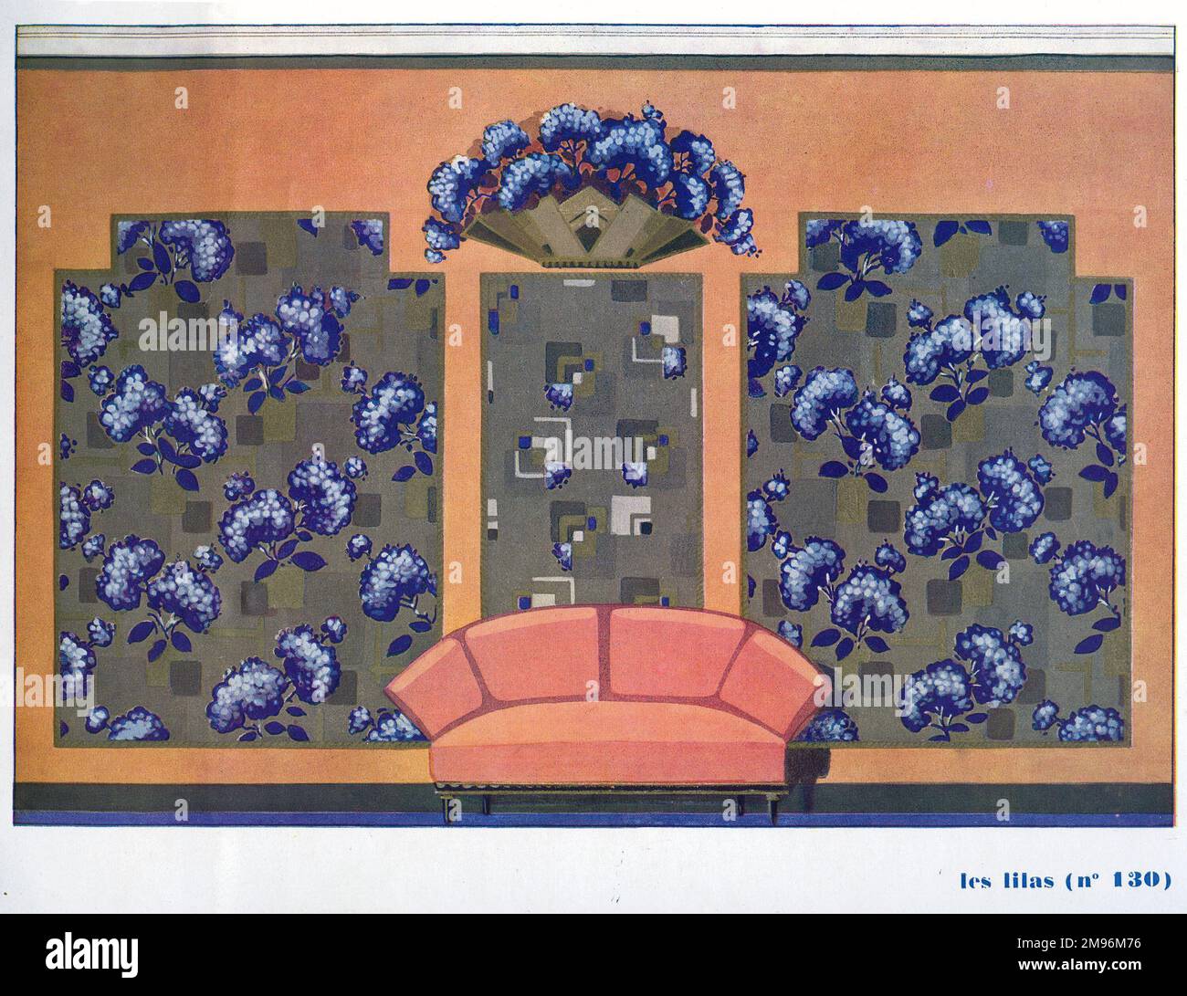 Wallpaper designs shown in a sample interior with a sofa in front ...