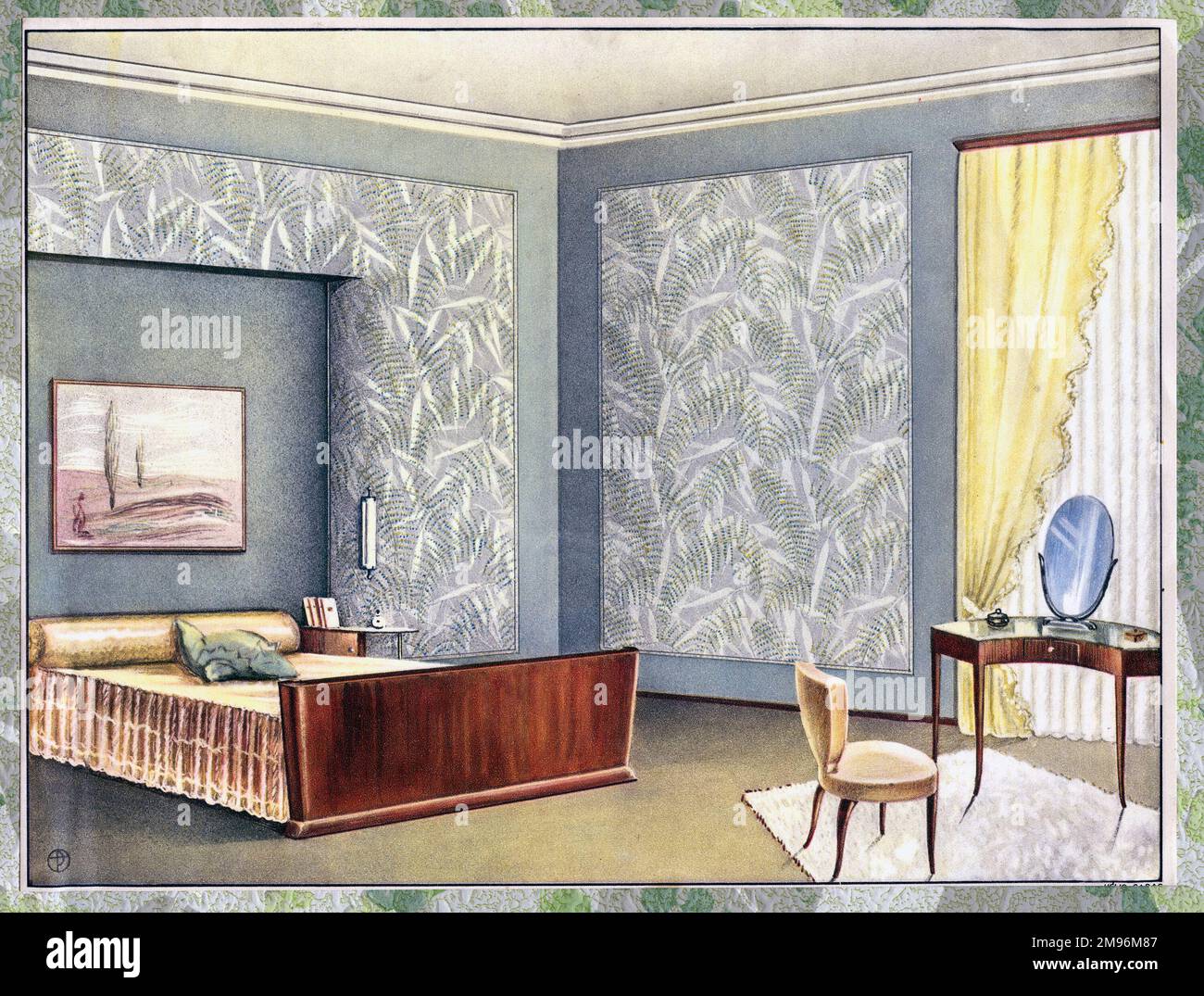 Wallpaper designs shown in a sample bedroom interior with a bed ...