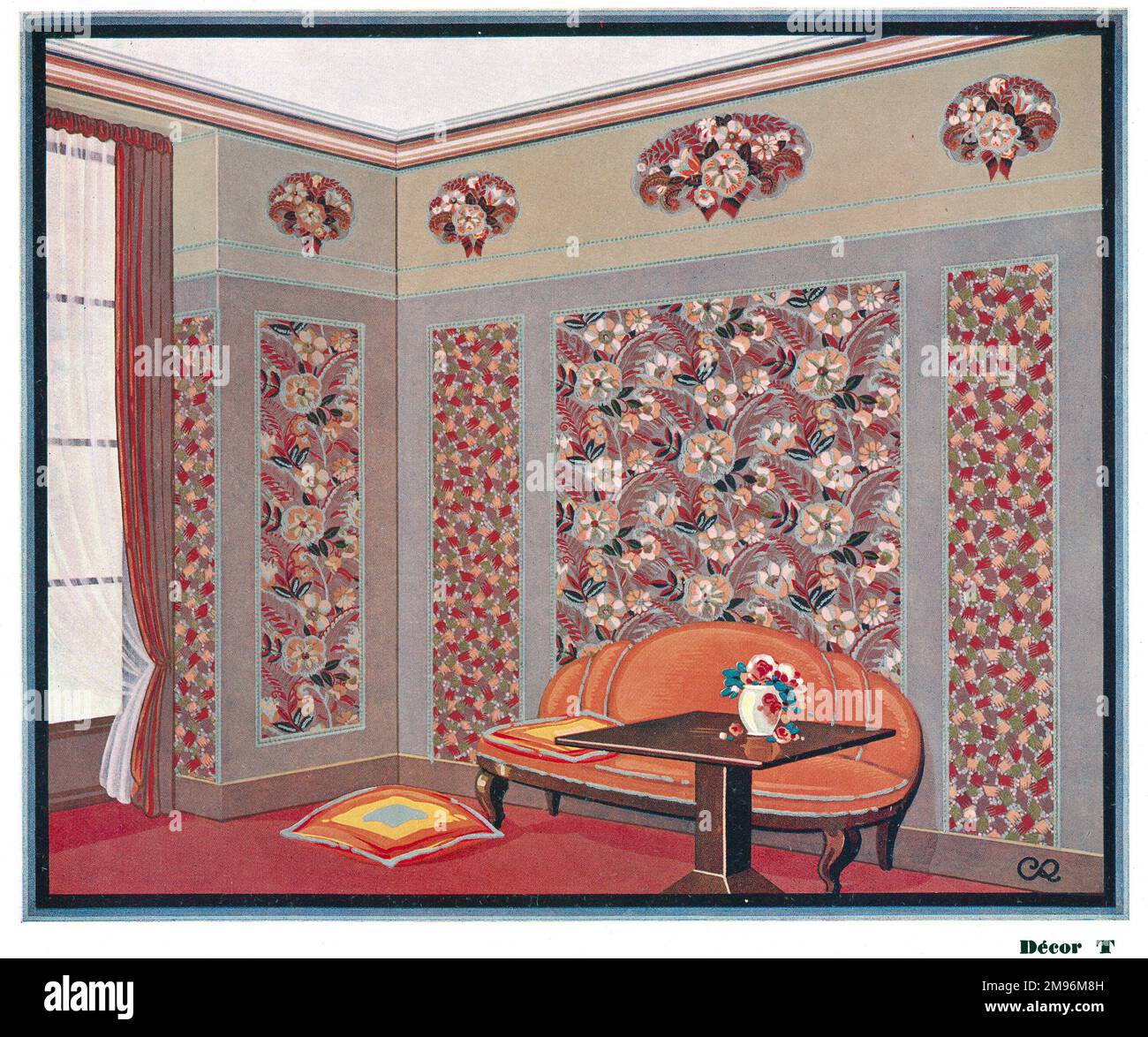 Wallpaper designs shown in a sample interior with a sofa and table in