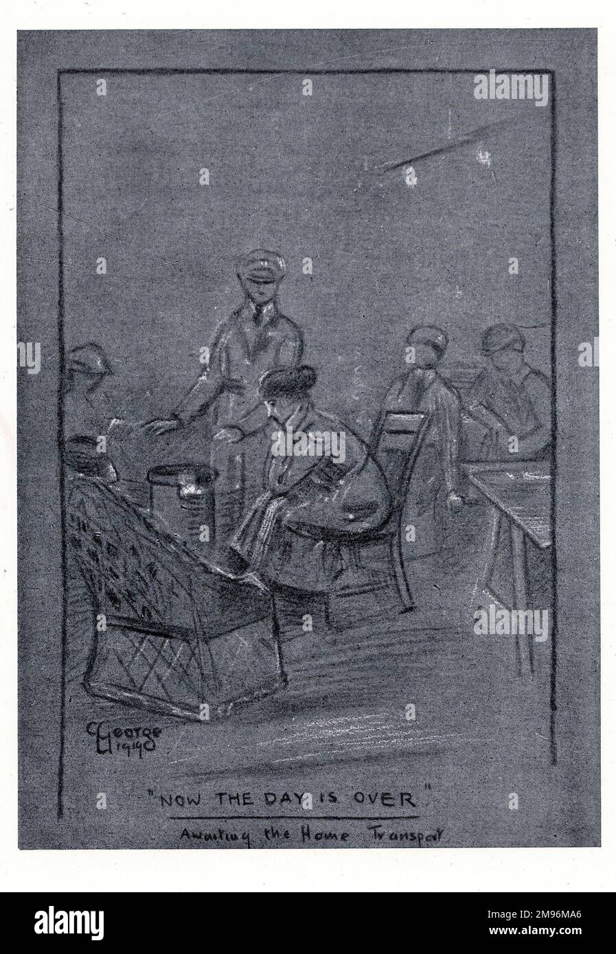 Illustration, Eight Months with the Women's Royal Air Force.  Showing women relaxing, waiting for transport home at the end of the day -- Now the Day is Over. Stock Photo
