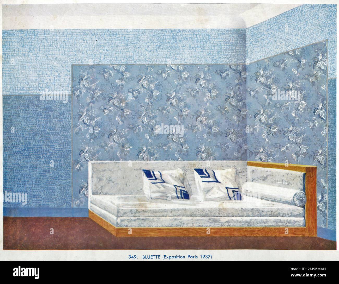 Wallpaper designs shown in a sample interior with a sofa in front -- Bluette, as seen at the Paris Exposition of 1937. Stock Photo