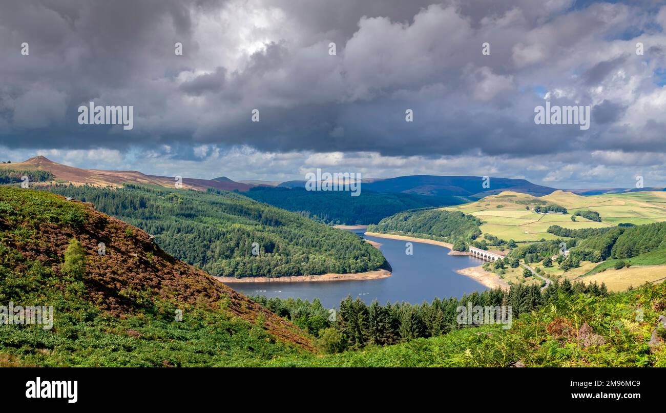 A view from Bamford moor looking down on Ladybower Reservoir in the Peak District National Park Derbyshire UK Stock Photo