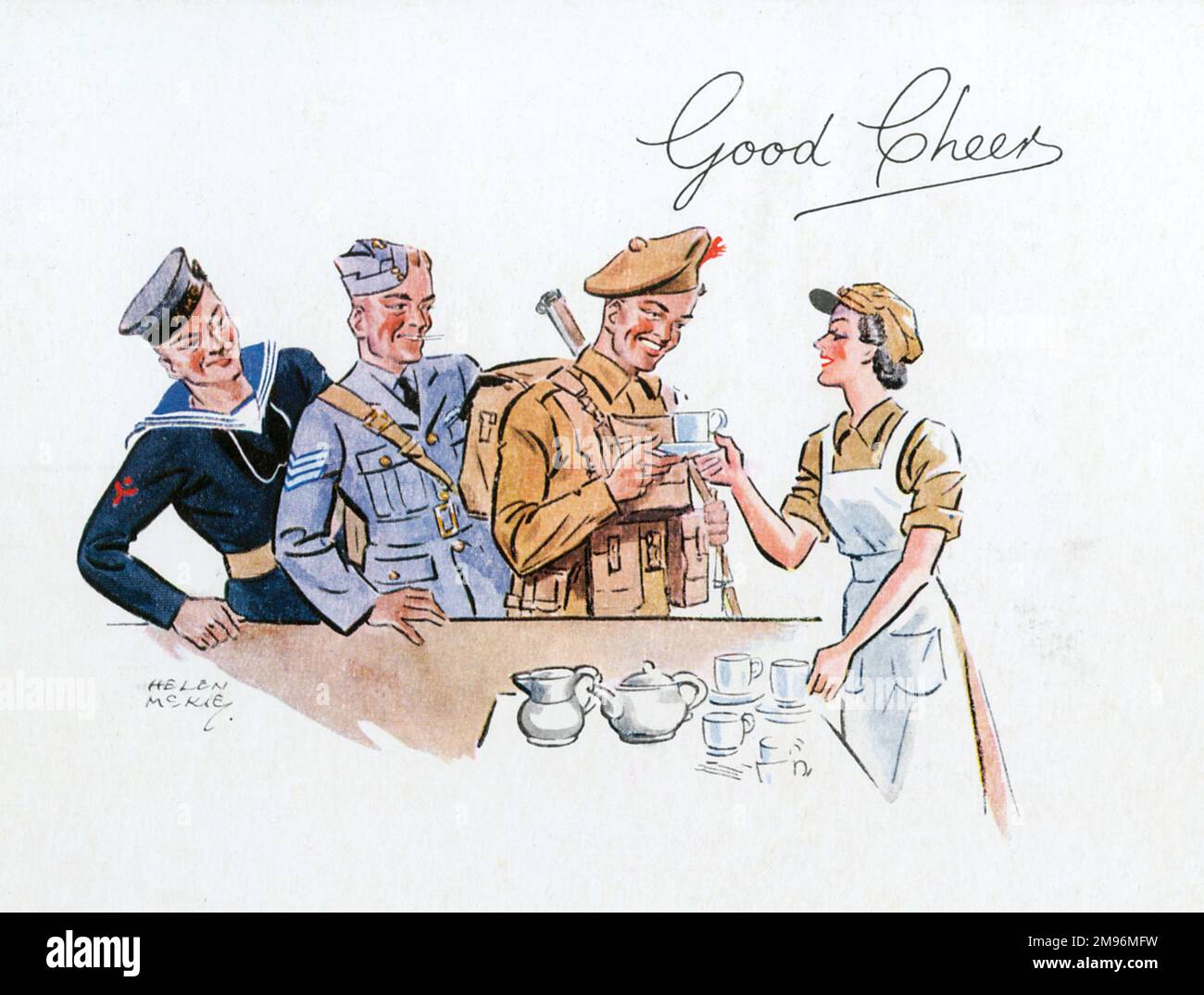 Jolly illustration by Helen McKie showing a female ATS worker serving cups of tea to a sailor, an airman and a soldier during World War II. Stock Photo