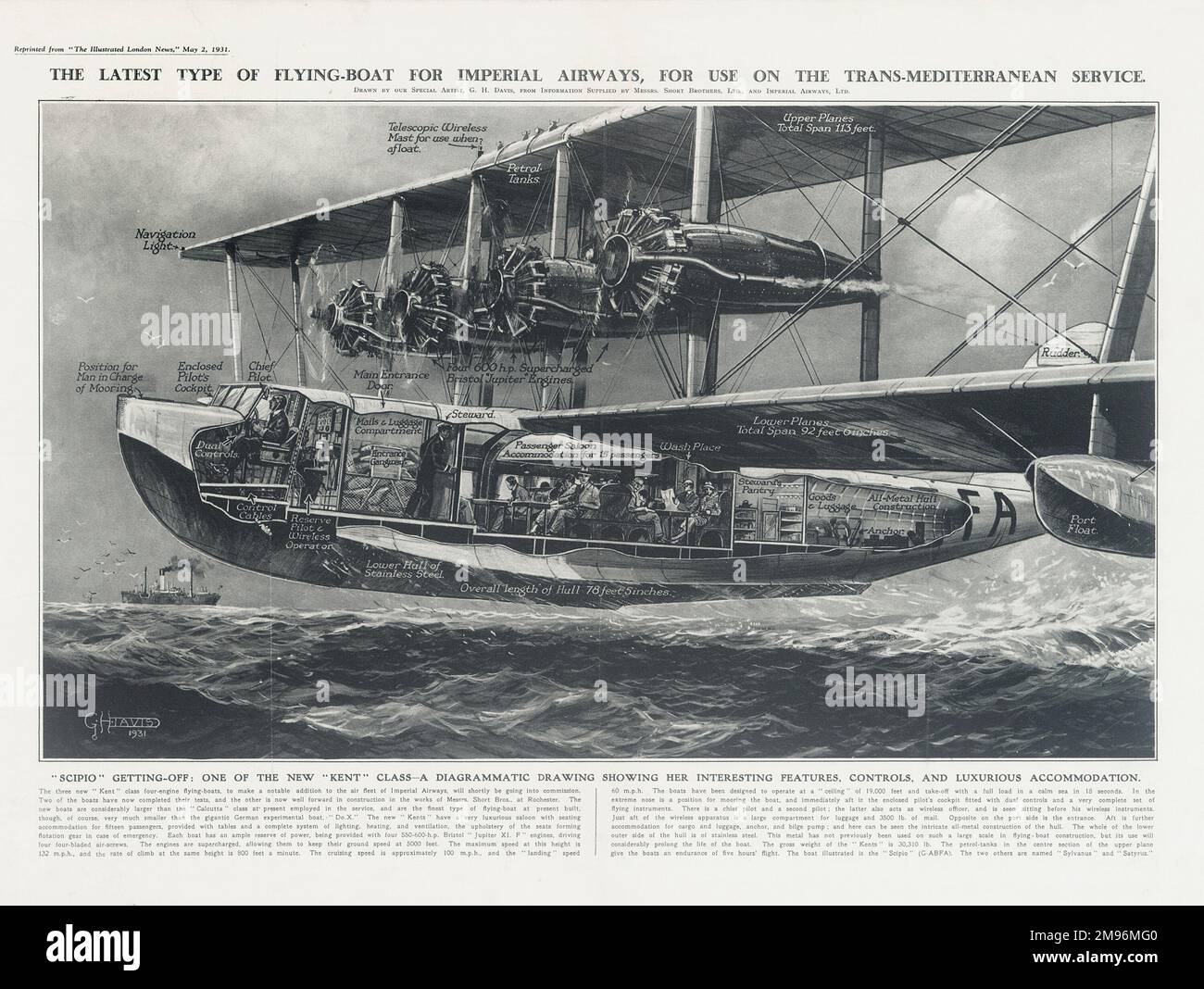 Imperial Airways Poster, showing a diagrammatic drawing of the seaplane Scipio, one of the new Kent class, for use on the trans-Mediterranean service. Stock Photo