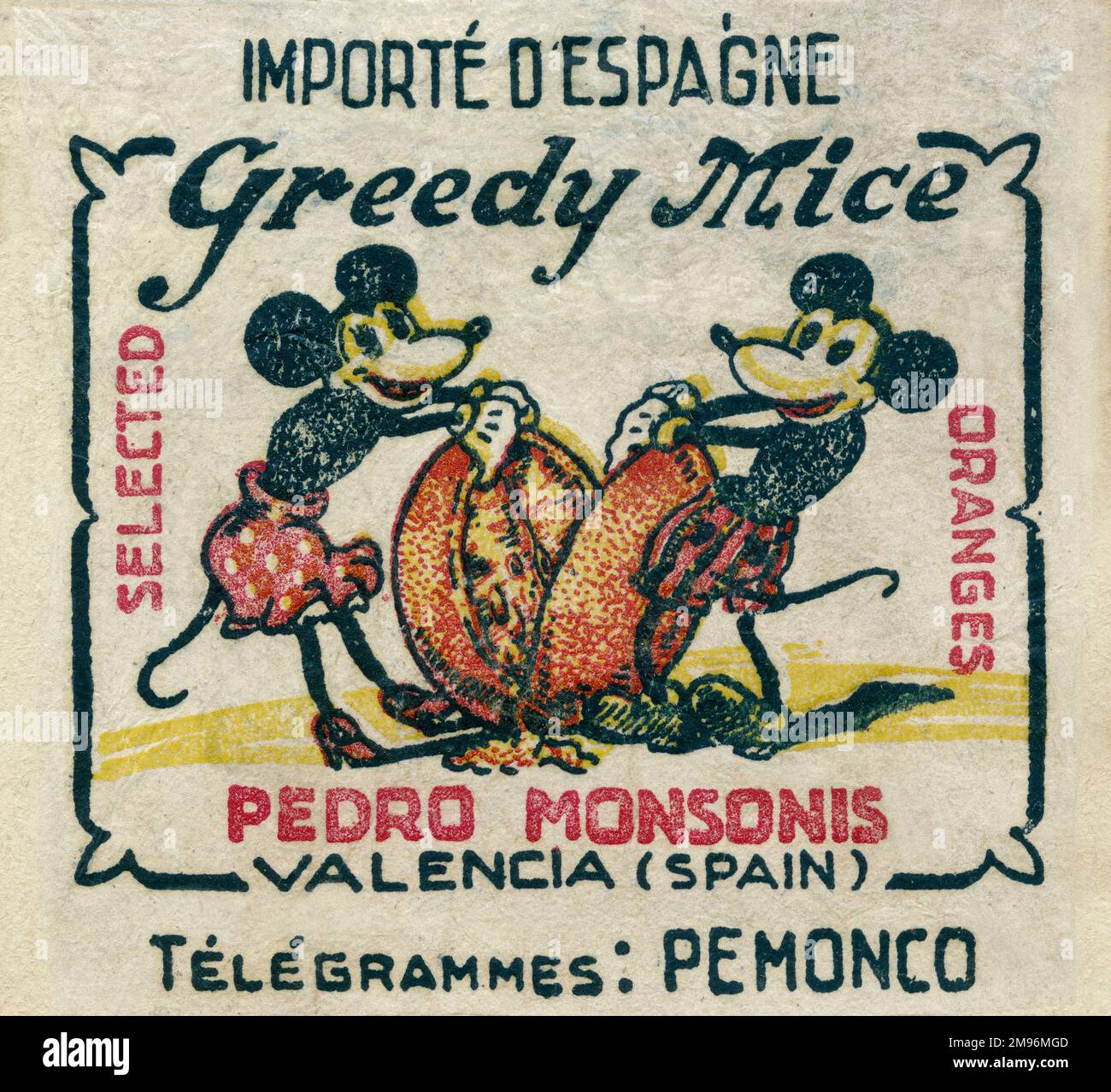 Fruit Label -- Pedro Monsonis selected oranges, imported from Valencia, Spain, depicting two Greedy Mice pulling a giant orange apart. Stock Photo