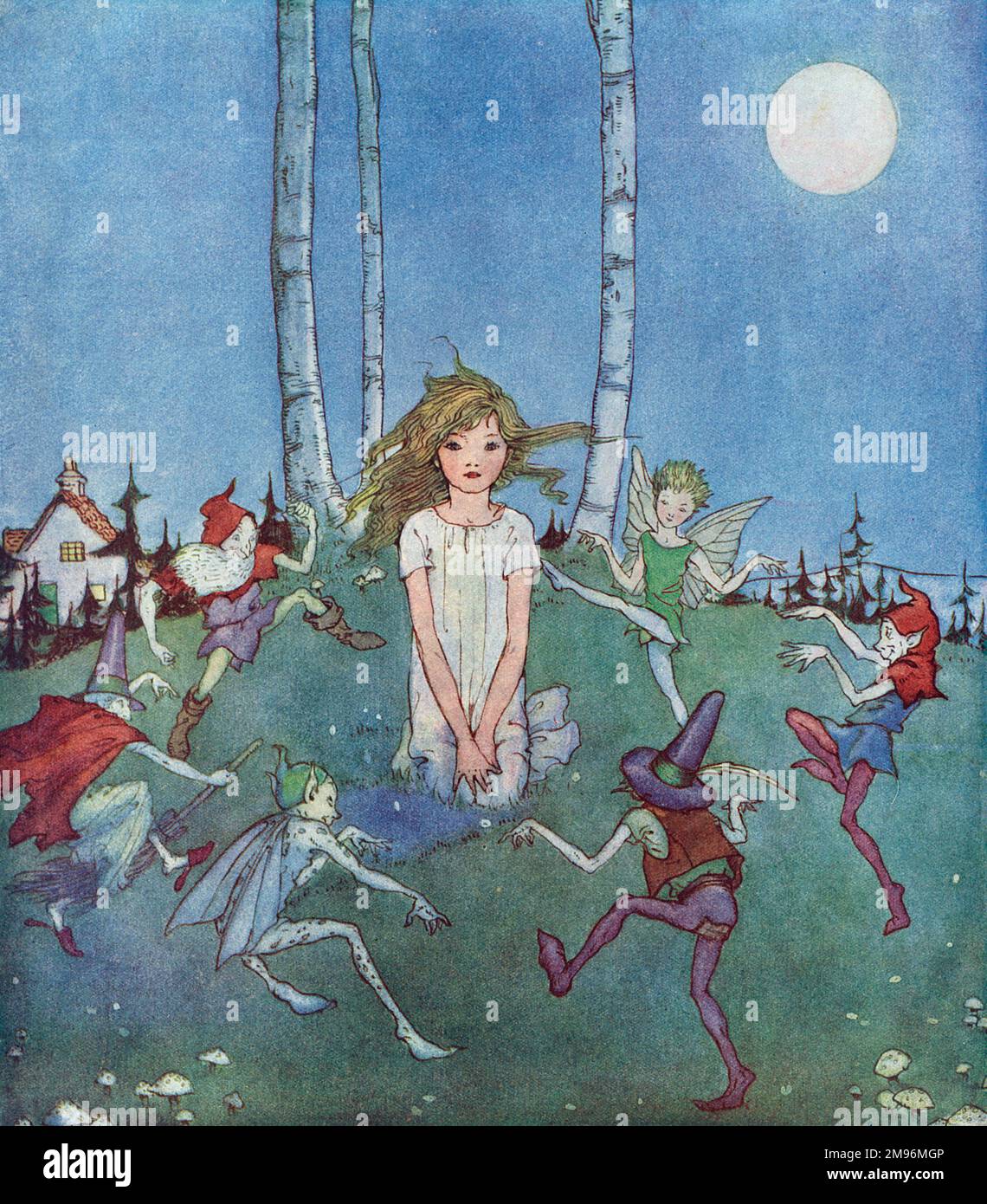  A young girl kneels as a group of elves, pixies, fairies and imps dance ...