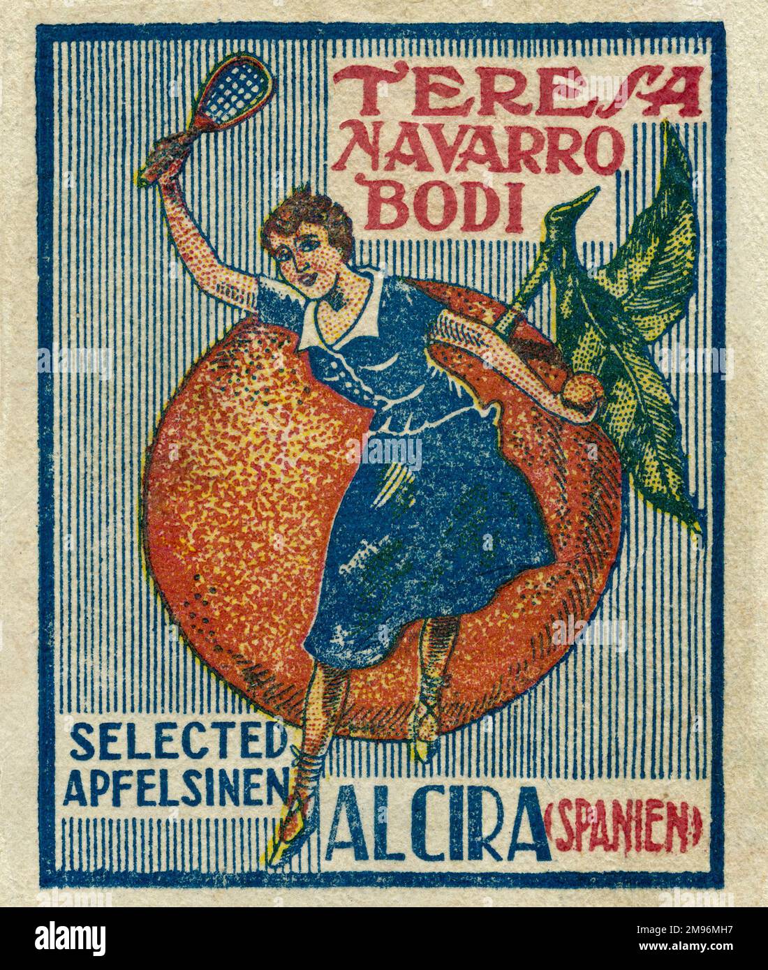 Fruit Label -- Teresa Navarro Bodi selected oranges (or orange cider) from Alcira, Valencia, Spain (in German).  Depicting a woman in a blue dress with a bat in one hand and an orange in the other, standing in front of a giant orange. Stock Photo