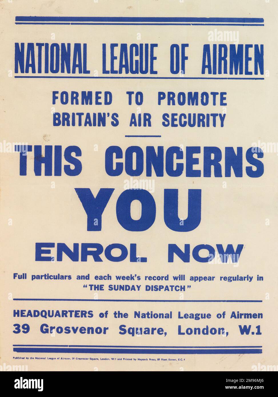 Poster, National League of Airmen, formed to promote Britain's air security.  This Concerns You, Enrol Now. Stock Photo