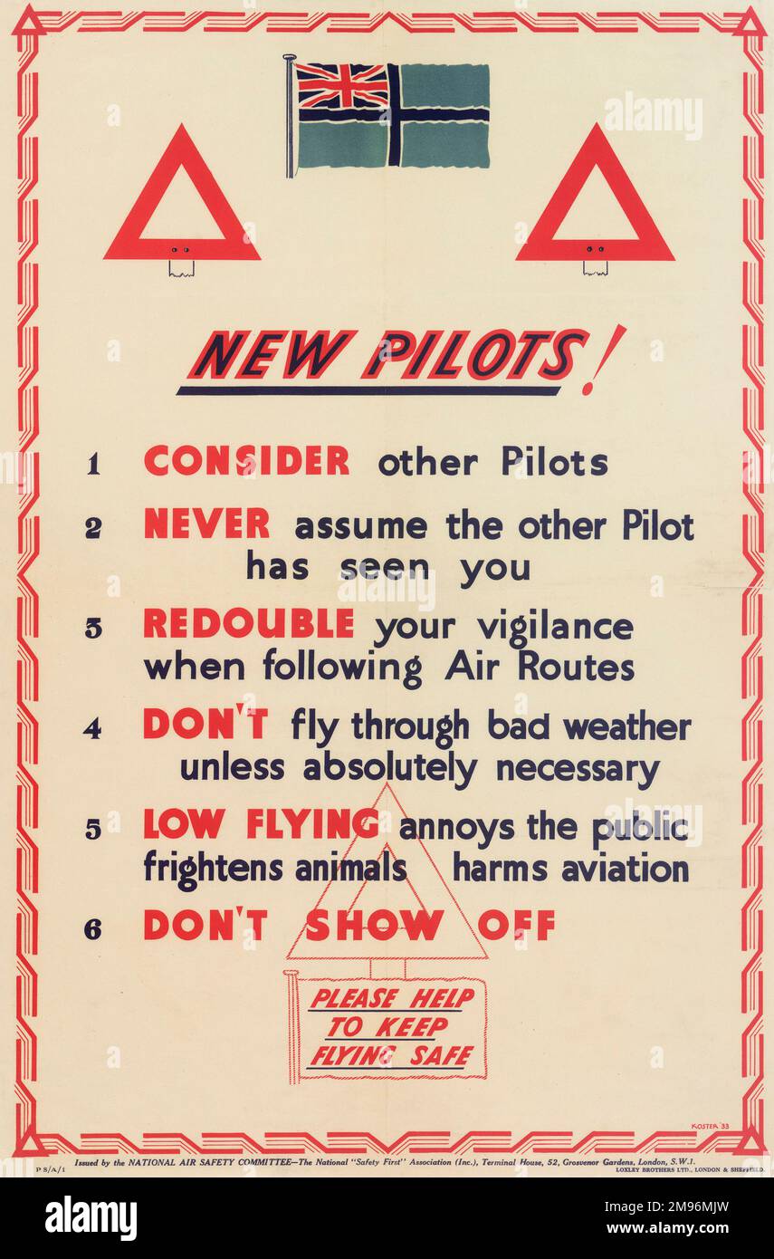 Poster, National Air Safety Committee, providing instructions to new pilots -- please help to keep flying safe. Stock Photo