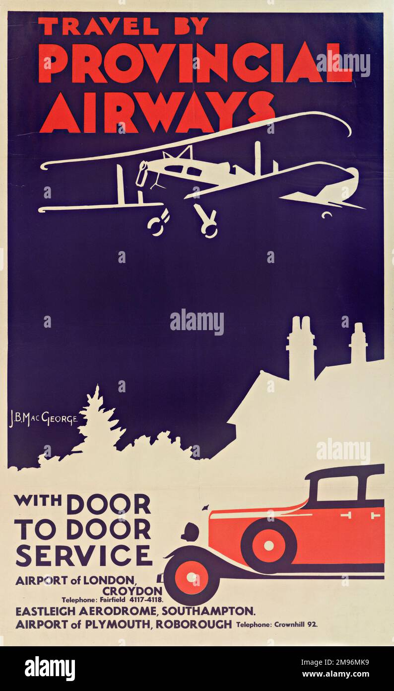 Poster, Travel by Provincial Airways, with door to door service. Showing a biplane above a chauffeur-driven car. Stock Photo