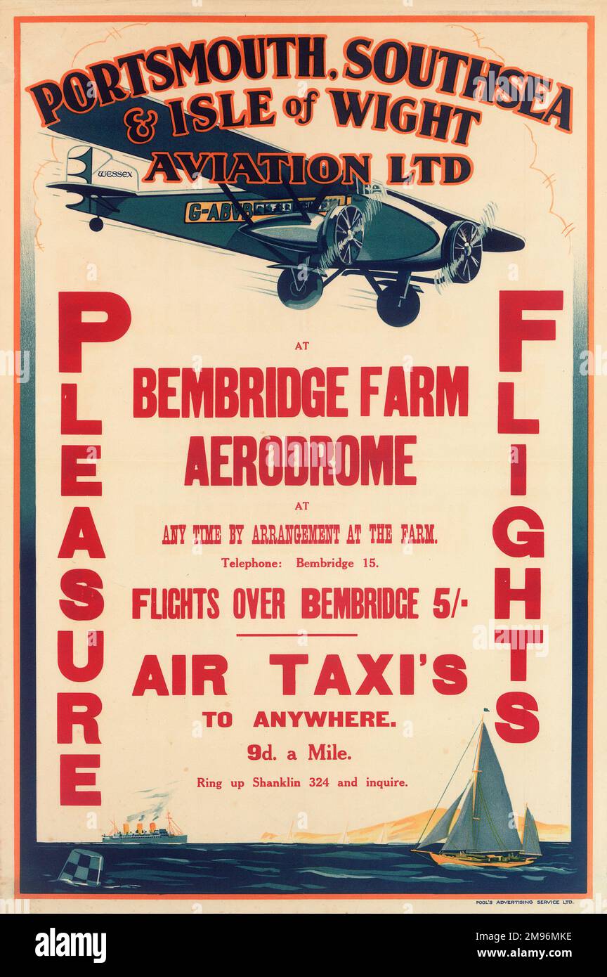 Pleasure Flights Poster, Portsmouth, Southsea & Isle of  Wight Aviation Ltd, Bembridge Farm Aerodrome at any time by arrangement at the farm.  Flights over Bembridge five shillings, air taxis to anywhere, ninepence per mile Stock Photo