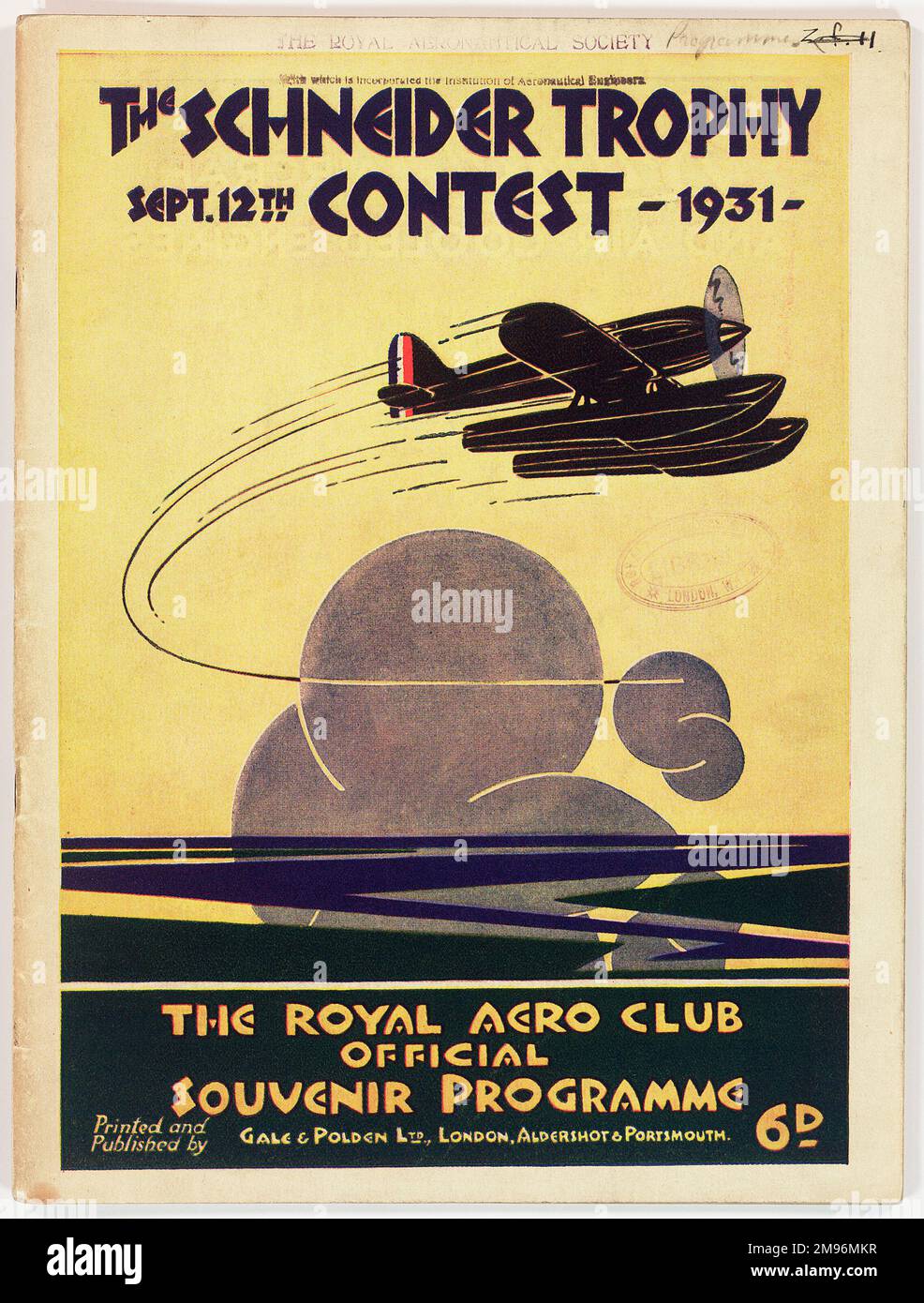 Souvenir programme cover, The Schneider Trophy Contest, September 12th 1931, The Royal Aero Club.  Showing a seaplane in flight. Stock Photo