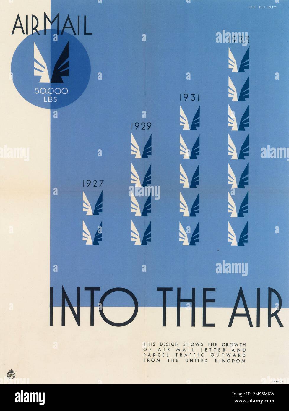 GPO Airmail Poster, Into the Air, depicting the growth in the use of air mail for letters and parcels from the UK from 1927 to 1933. Stock Photo