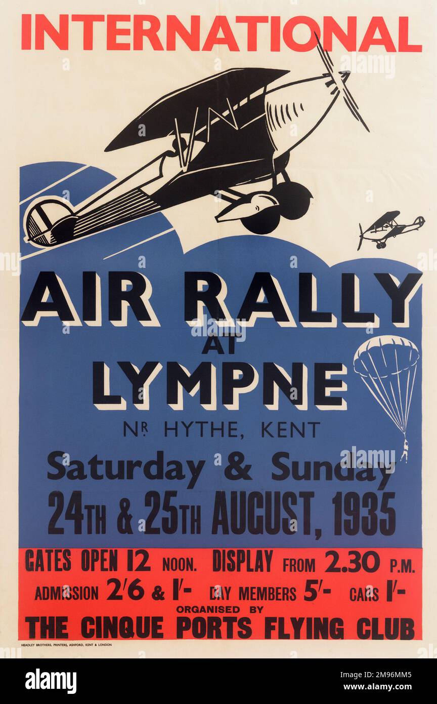 Poster, International Air Rally at Lympne, near Hythe, Kent, organised by the Cinque Ports Flying Club.  Depicting two planes and a parachute. Stock Photo