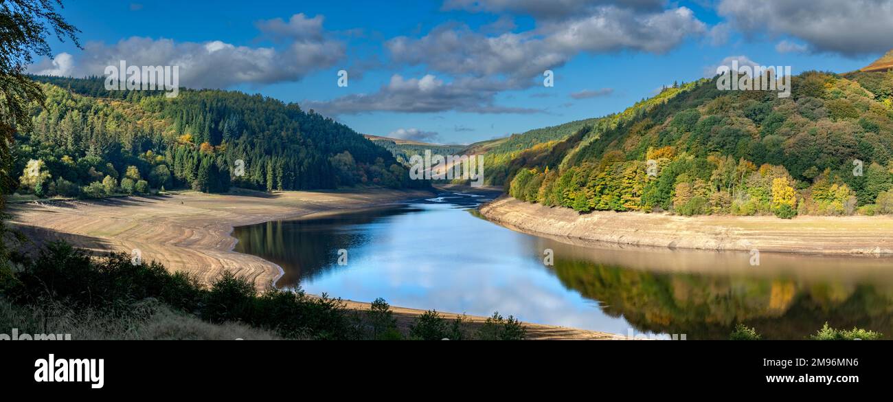 Lady Bower Reservoir with low water levels. Peak District National Park Derbyshire. Stock Photo