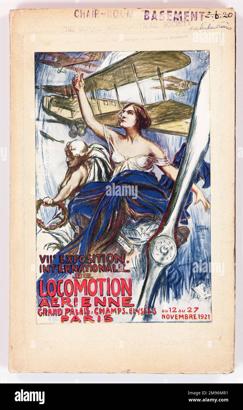 Cover design, official catalogue of the 7th Exposition International de Locomotion Aerienne, Grand Palais, Champs Elysees, Paris, 12-27 November 1921.  Showing two allegorical female figures riding on an aeroplane, with biplanes above them. Stock Photo