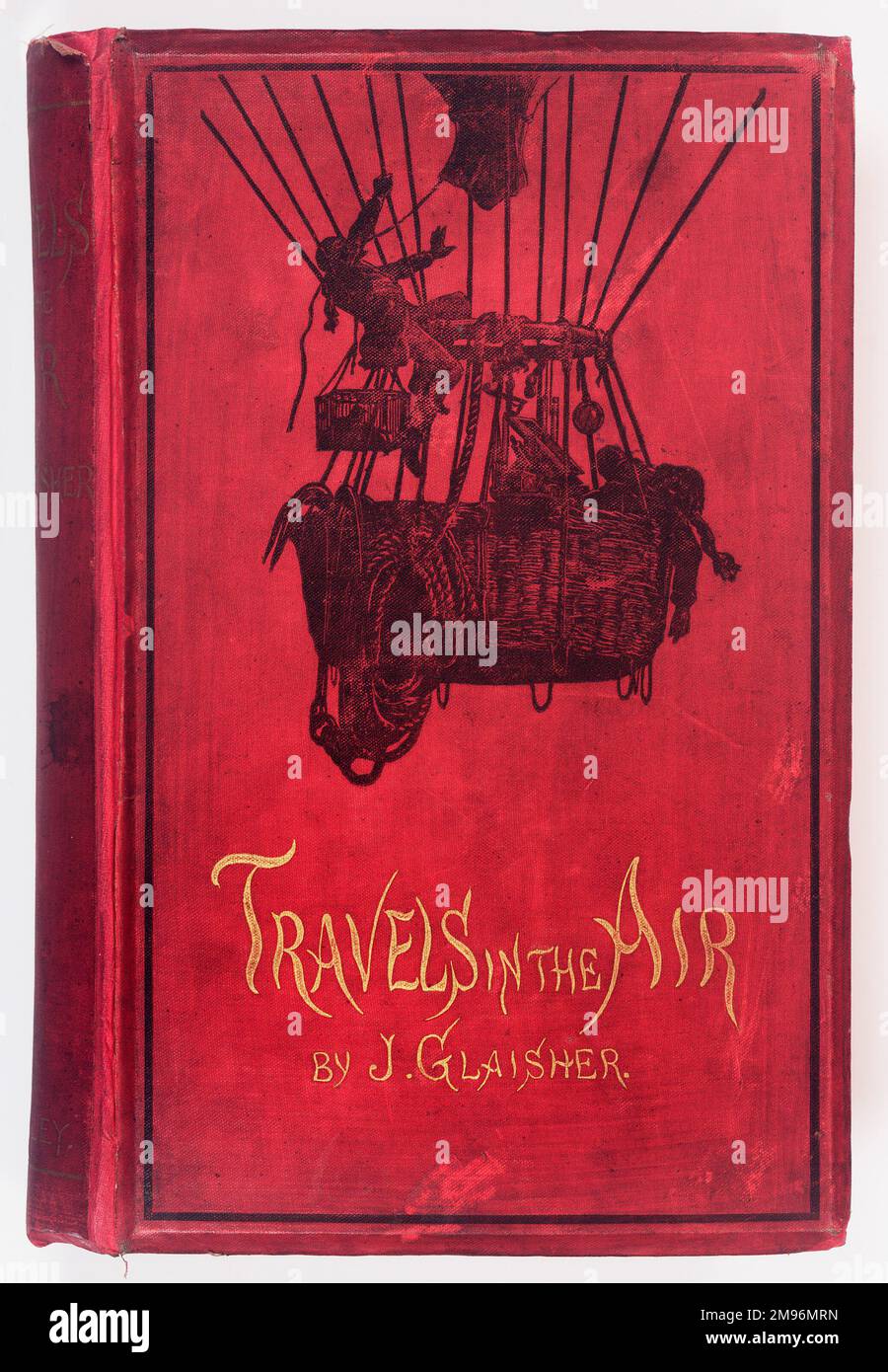Book cover design, Travels in the Air, by James Glaisher, London:  Richard Bentley, 1871.  Showing a man flying a balloon. Stock Photo
