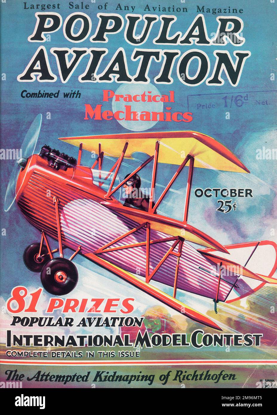 Cover design, Popular Aviation Magazine combined with Practical Mechanics, showing a pilot taking off from an airfield in a colourful biplane. Stock Photo