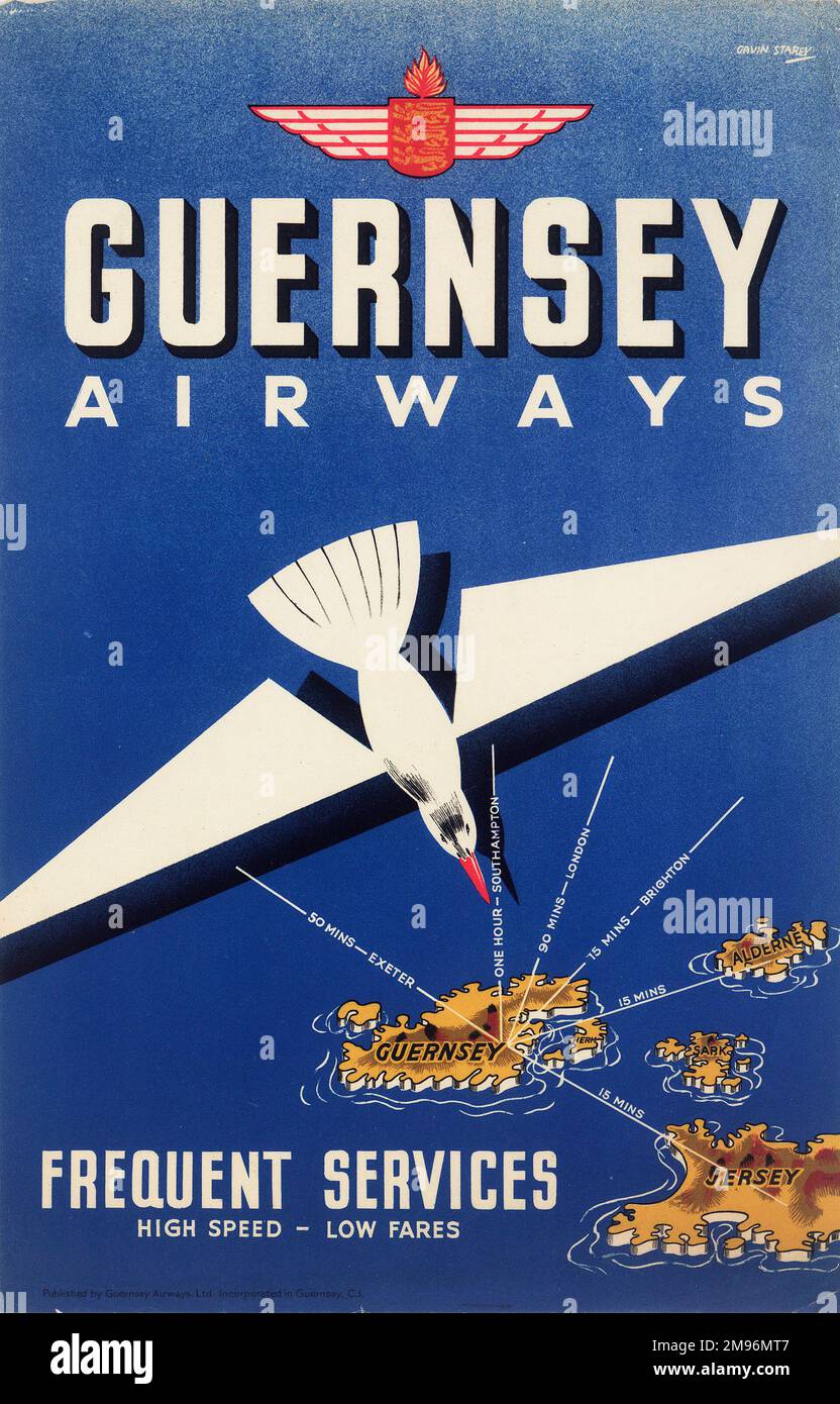 Poster, Guernsey Airways, offering frequent services to and from the Channel Islands, with a map showing places and flight durations. Stock Photo