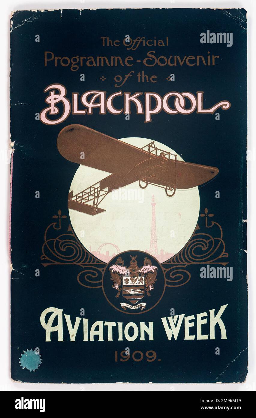 Cover design, souvenir programme for Blackpool Aviation Week, 18-24 October 1909.  Showing a gold aircraft on a white and black background. Stock Photo