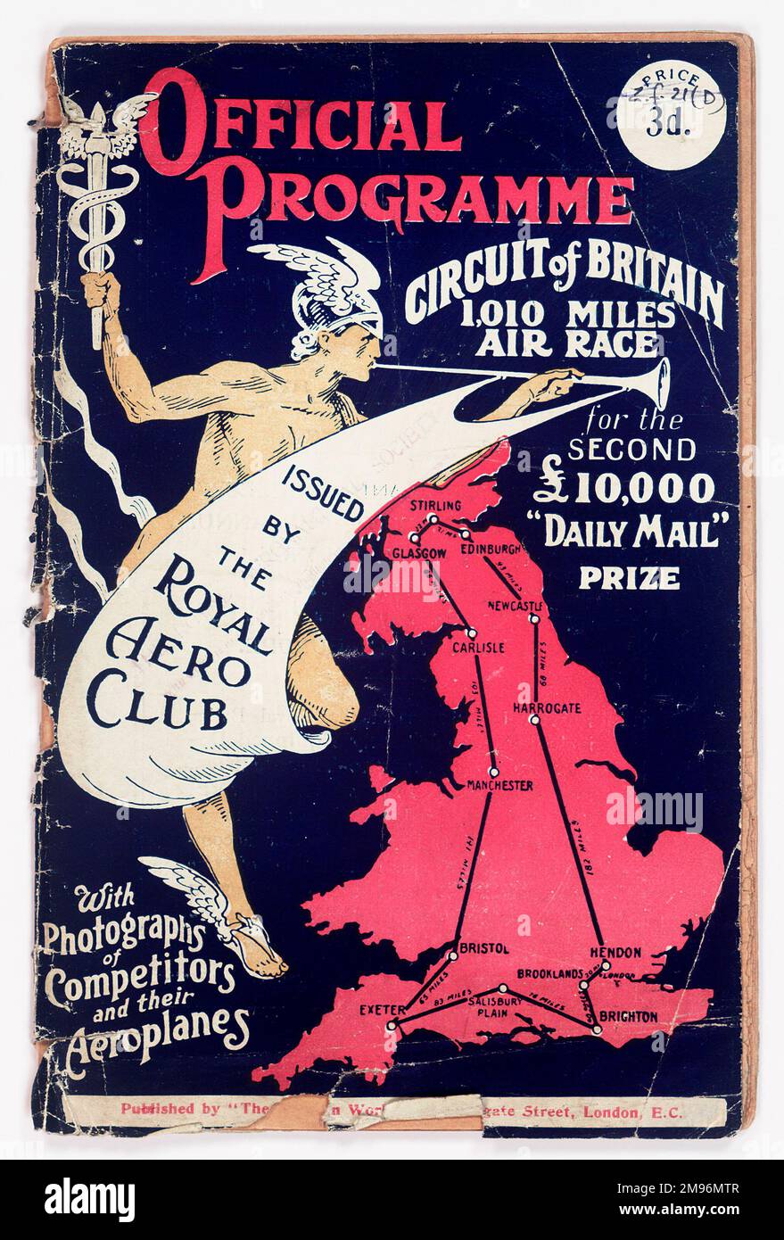 Cover design, official programme issued by the Royal Aero Club for the Circuit of Britain 1010 Miles Air Race for the Second £10,000 Daily Mail prize.  Depicting a Mercury figure with winged helmet and sandals, caduceus and fanfare trumpet, and a map of the route. Stock Photo