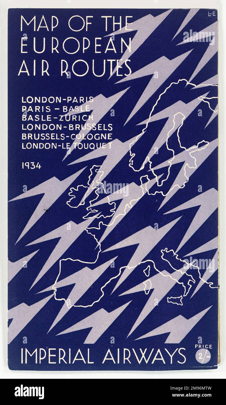 Cover design, Imperial Airways map of the European Air Routes for 1934: London-Paris, Paris-Basle, Basle-Zurich, London-Brussels, Brussels-Cologne, London-Le Touquet.  With stylised birds (or planes) over a map of Europe. Stock Photo