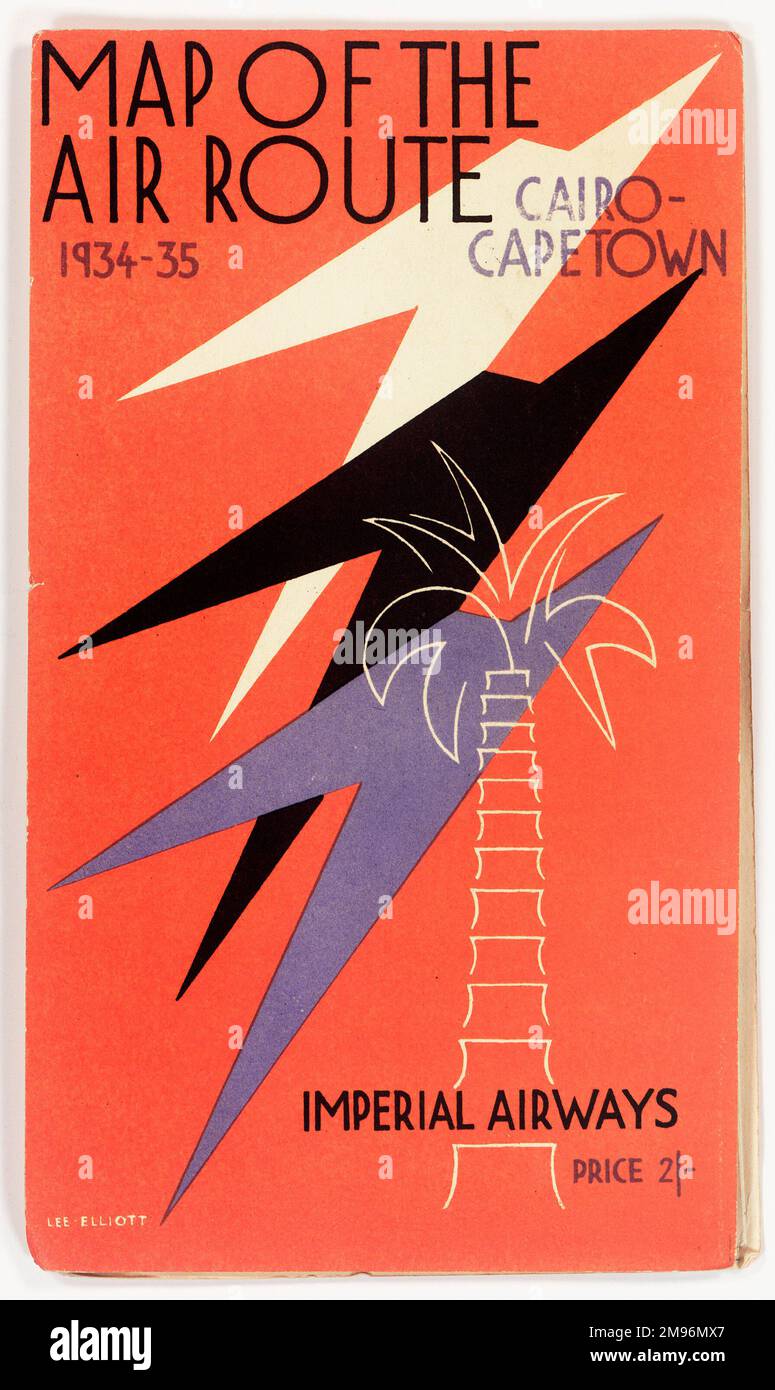 Cover design, Imperial Airways route map, Cairo to Cape Town.  With three stylised planes (or birds) and the outline of a palm tree on an orange background. Stock Photo