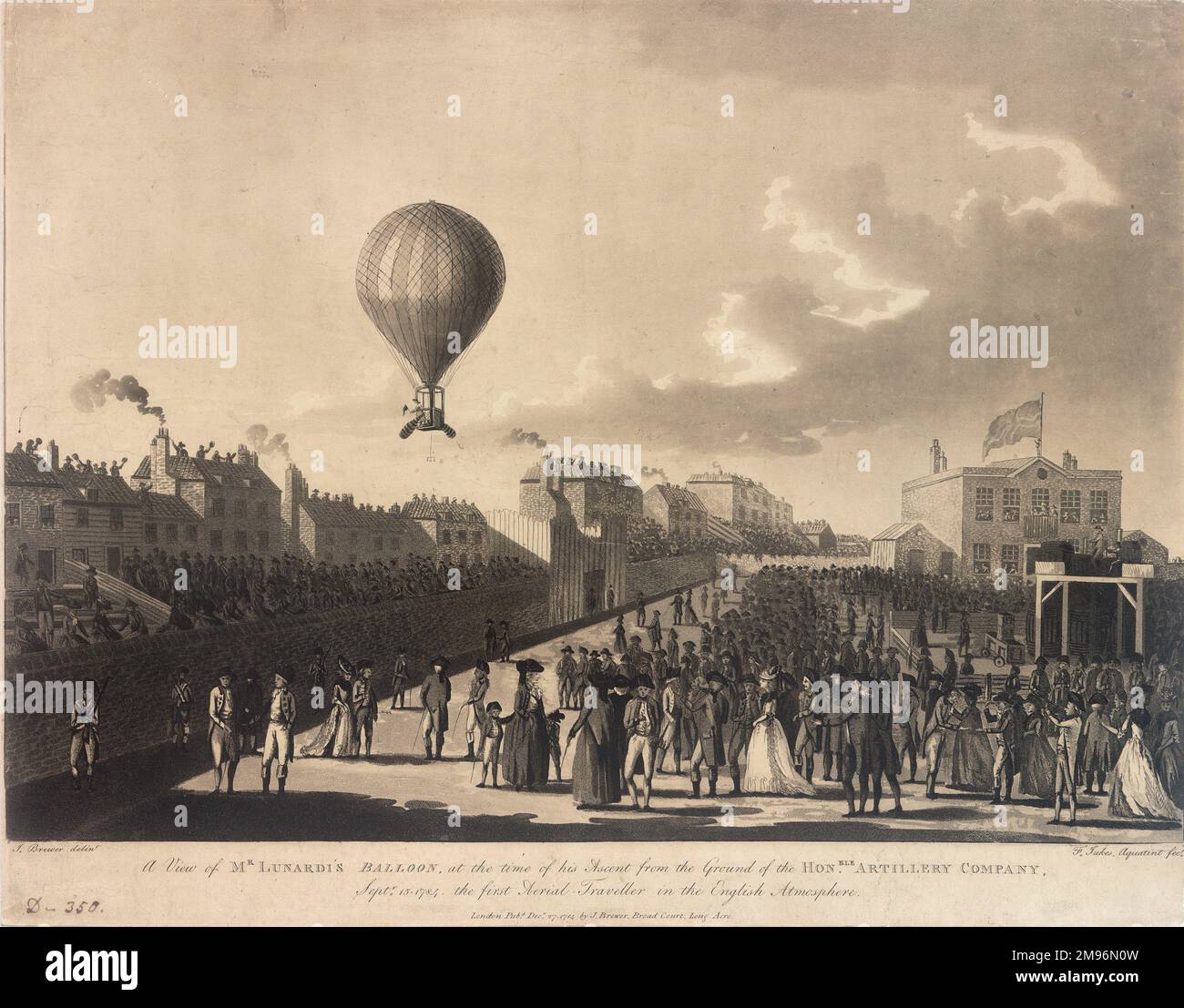 Lunardi's balloon ascent from the grounds of the Honourable Artillery Company, making him the first Aerial Traveller in the English Atmosphere.  With crowds of spectators. Stock Photo