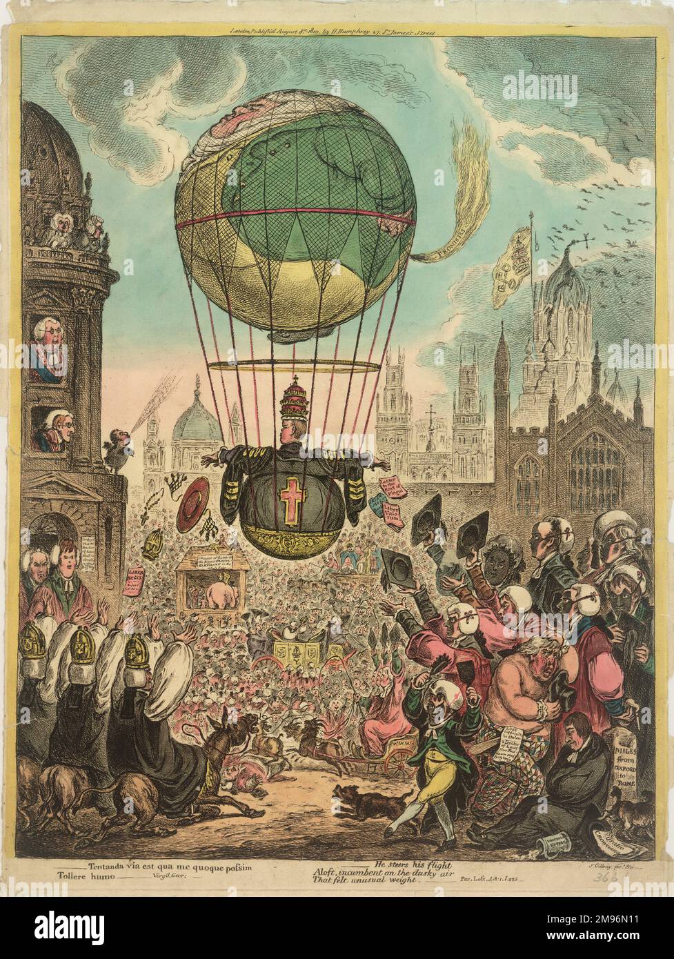 He Steers His Flight.  Satirical cartoon on the subject of Lord Grenville's installation as Chancellor of Oxford University.  He is seated in a balloon ascending into the air, wearing his Chancellor's gown, with a crucifix at the back. The balloon is depicted as a fat man with hot air (labelled Promises) escaping from behind.  The installation (3 July 1810) followed a divisive election in which Lord Eldon opposed Lord Grenville on political and religious grounds. Opponents like Gillray saw Grenville’s installation as a triumph for Catholic Emancipation.  Faces in the crowd include political Stock Photo