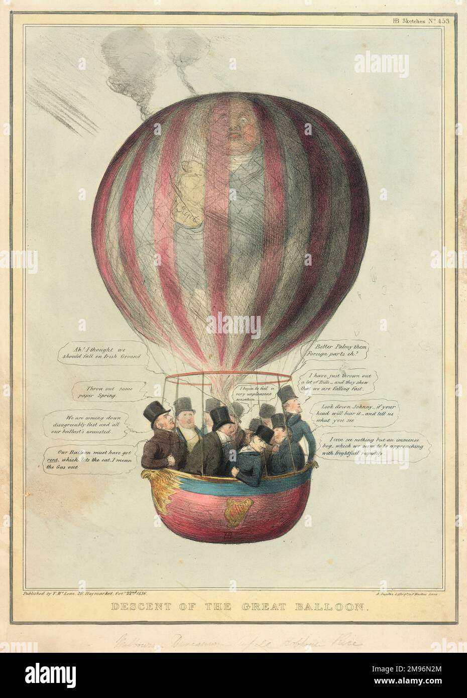 Satirical political cartoon, Descent of the Great Balloon, showing ten politicians travelling in a hot-air balloon. Speech bubbles show the men's concerns about the rapid descent of the balloon, which has developed a leak near the top -- an analogy for their political positions in relation to Ireland.  The men include Lord Melbourne, Holland, Palmerston, Duncannon, Russell, John Cam Hobhouse, and Thomas Spring Rice.  The plump man whose fading image can be seen on the balloon is the Irish politician Daniel O'Connell, whose support they have benefited from, but whose popularity is now declini Stock Photo
