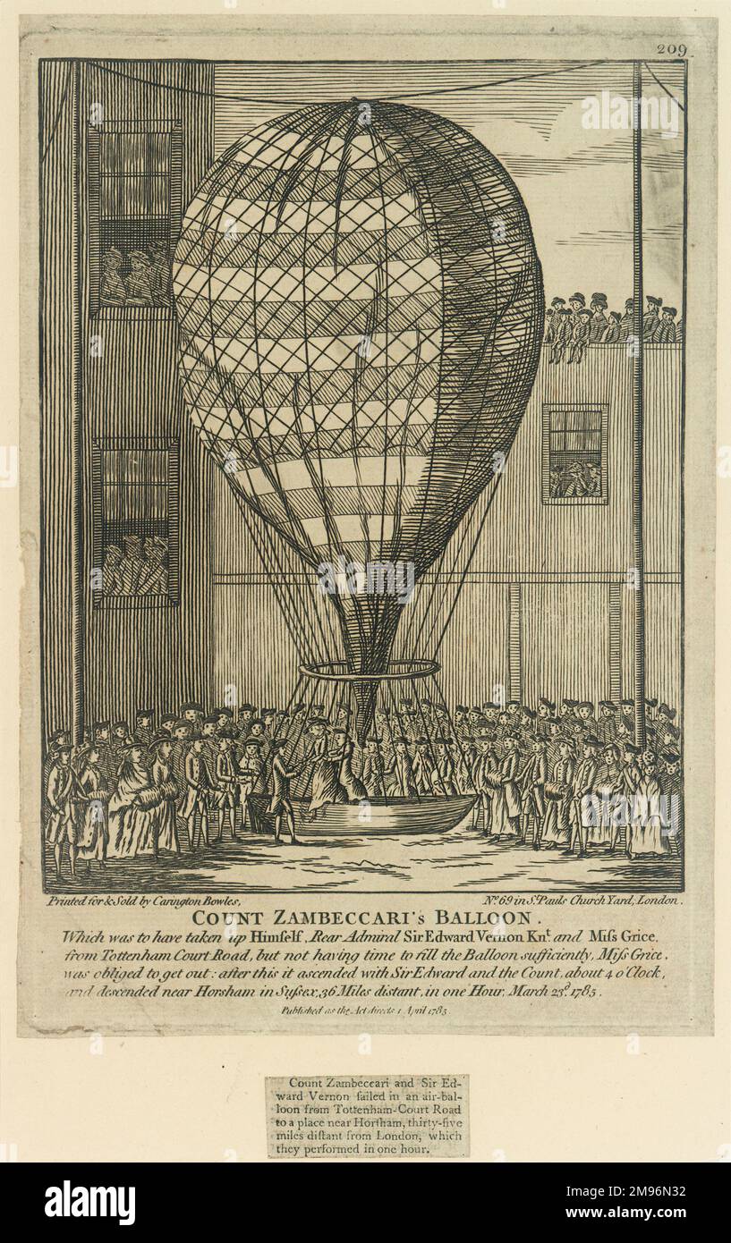 Count Zambeccari's balloon  Showing Miss Grice having to dismount so that the payload will be light enough to enable the flight from Tottenham Court Road.  The reduced crew consisted of Count Zambeccari and Rear Admiral Sir Edward Vernon.  They descended near Horsham, Sussex, 36 miles away. Stock Photo
